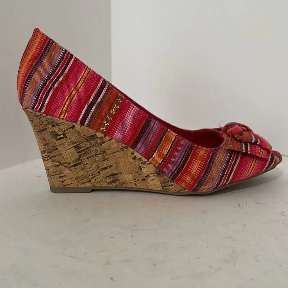 American Eagle Fiesta Pink Orange Purple Peep Toe Wedge Shoes Size 9